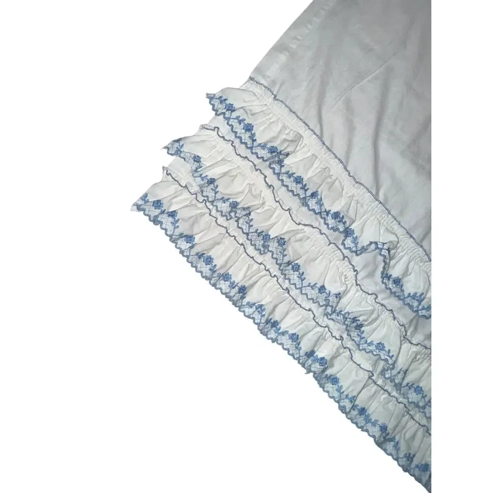 Vintage Set of 3 Ruffled Valances Short Curtains Panels Blue & White Embroidered